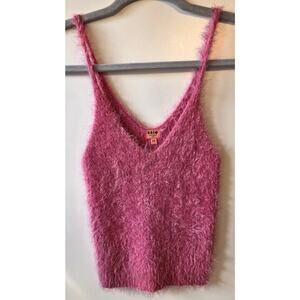 Vintage Y2K Tank Top Womens Small Medium Pink Fuzzy Cami Thin V Neck Cropped
